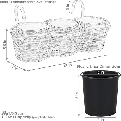 Sunnydaze Indoor/Outdoor Round Polyrattan Over-The-Rail Tri-Planter with 3 Black Liners - Frost