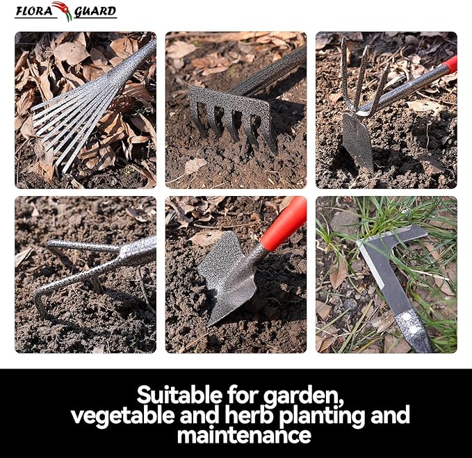 FLORA GUARD Garden Tool Set, 6-Piece Heavy Duty Gardening Hand Tools with Soft Rubber Handle, Includes Trowel, Rake, 2-in-1 Hoe & Crack Weeder, Durable Yard Tools, Essentials Garden Gift for Men Women