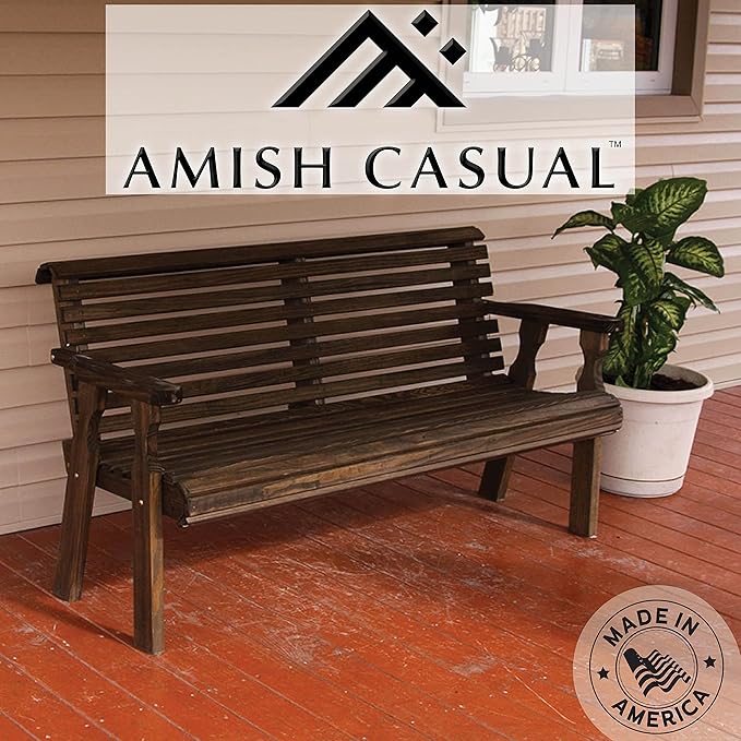 Amish Casual Heavy Duty 5 Foot Roll Back Outdoor Bench in Dark Walnut Stain - Amish Made in The USA from Treated Pine for Outdoor Durability, 700 Lb Weight Capacity
