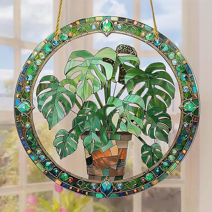 2 Pcs Stained Monstera Plant Window Hanging Ornament, Plant Suncatcher, 8 Inch Acrylic Suncatcher, Window Hanging Indoor Wall Art Christmas Home Decor Suncatchers Ornaments Gifts