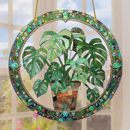 2 Pcs Stained Monstera Plant Window Hanging Ornament, Plant Suncatcher, 8 Inch Acrylic Suncatcher, Window Hanging Indoor Wall Art Christmas Home Decor Suncatchers Ornaments Gifts