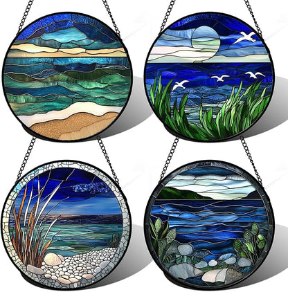 Stained Glass Window Hanging 4 Pcs Set Navy Blue Ocean Landscape Large 11.8" - Suncatcher Door Garden Sun Catcher Decor Birthday Mother's Day for Mom Woman Nana Girl Boy Friend