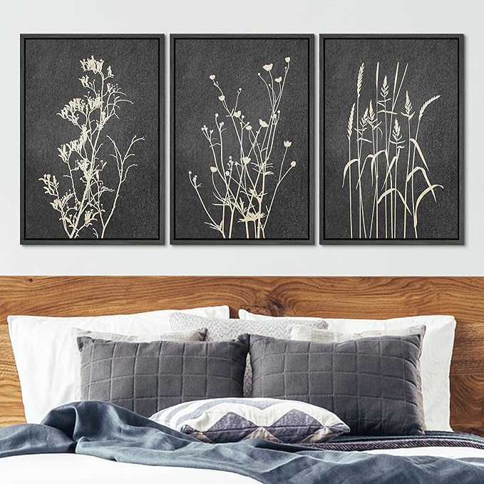 Ashbrook Framed Canvas Print Wall Art Set Black Tan Forest Plant Silhouettes Nature Wilderness Illustrations Modern Art Rustic Chic Colorful for Living Room, Bedroom, Office - 16"x24"x3 Black
