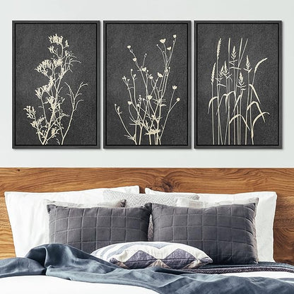 Ashbrook Framed Canvas Print Wall Art Set Black Tan Forest Plant Silhouettes Nature Wilderness Illustrations Modern Art Rustic Chic Colorful for Living Room, Bedroom, Office - 24"x36"x3 Black