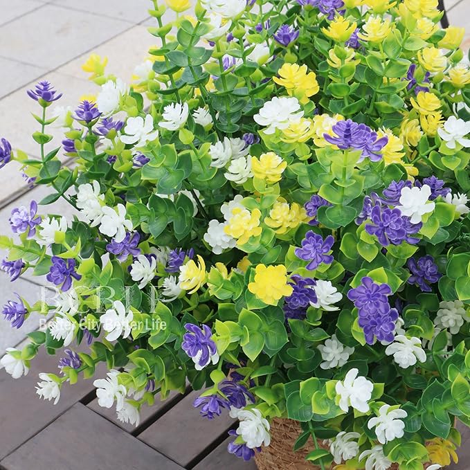 UV Resistant Artificial Flowers for Indoor and Outdoor Use, 12 Bundles Not-Fading Faux Plants for Porch, Patio, Garden, and Home Decoration - Yellow Purple White