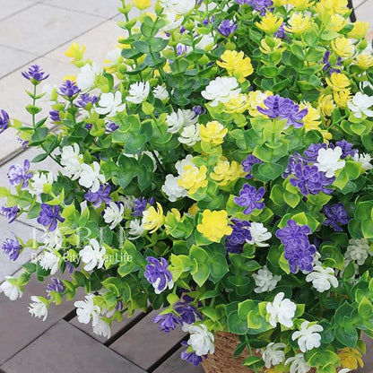 UV Resistant Artificial Flowers for Indoor and Outdoor Use, 12 Bundles Not-Fading Faux Plants for Porch, Patio, Garden, and Home Decoration - Yellow Purple White