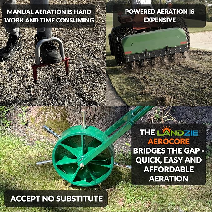 Landzie AeroCore Rolling Lawn Aerator – Manual Core Plug Aerator with Chamfered Hollow Tines – Heavy-Duty 38.8 Pound Wheel Aerator Lawn Tool – Push Yard Aerator Aeration Tool (Single)