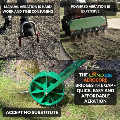 Landzie AeroCore Rolling Lawn Aerator – Manual Core Plug Aerator with Chamfered Hollow Tines – Heavy-Duty 38.8 Pound Wheel Aerator Lawn Tool – Push Yard Aerator Aeration Tool (Single)