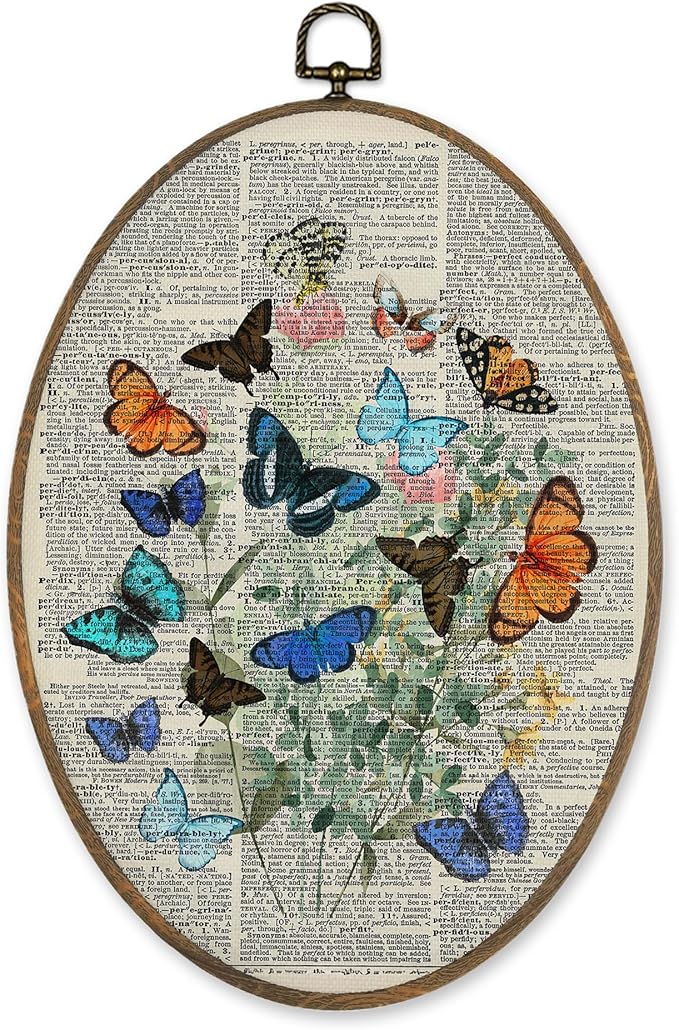 LKETW Vintage Butterfly Oval Wall Art Decor, Cottagecore Butterfly Floral Botanical Oval Canvas Hanging Decor, Retro Nature Moth Insect Wall Decorations for Home Bedroom Living Room, 8.6x11.4 Inch