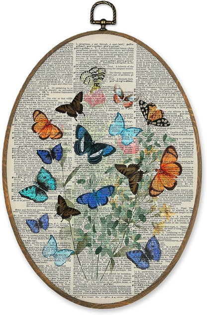 LKETW Vintage Butterfly Oval Wall Art Decor, Cottagecore Butterfly Floral Botanical Oval Canvas Hanging Decor, Retro Nature Moth Insect Wall Decorations for Home Bedroom Living Room, 8.6x11.4 Inch