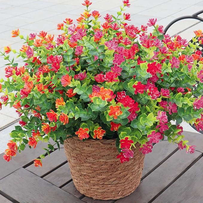 UV Resistant Artificial Flowers for Indoor and Outdoor Use, 12 Bundles Not-Fading Faux Plants for Porch, Patio, Garden, and Home Decoration - Orange Pink Red
