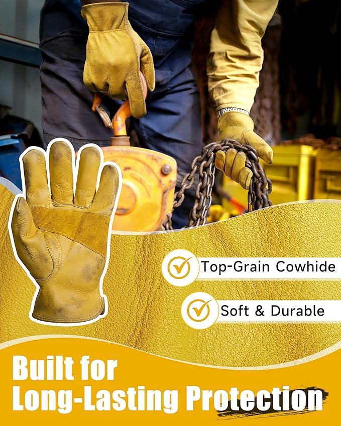 Leather Work Gloves for Men & Women, Reinforced Durable Gardening Gloves,Cowhide Work Gloves,Puncture & Cut Resistant