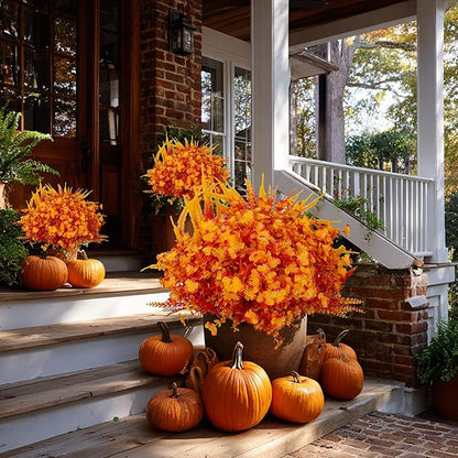 Artificial Fall Flowers for Outdoors Fake Mums - 16 Bundles Faux Fall Decor Plants No Fade Shrubs (16, OrangeYellow)