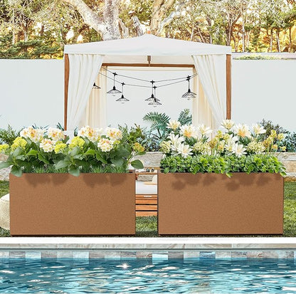 Metal Planter Box Rectangular Planter Box with Drainage Hole, Outdoor Large Planters, All-Weather Use, Rust-Resistance, for Flowers Plants, 32" L × 10" W × 16.3" H, Brown