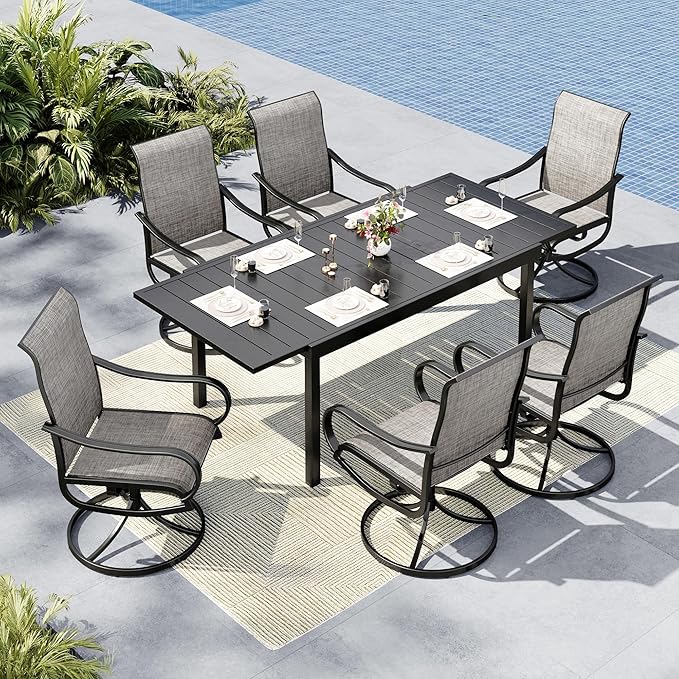 MFSTUDIO Outdoor Dining Set for 6, Expandable Patio Table and Chairs Set, 7 Piece Patio Dining Set for Deck/Backyard/Poolside/Garden