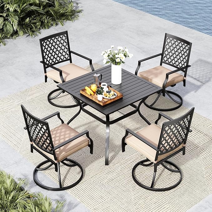MFSTUDIO 5 PCS Metal Outdoor Patio Furniture Dining Set with 4 Metal Swivel Chairs and Square Dining Table with Umbrella Hole, Black