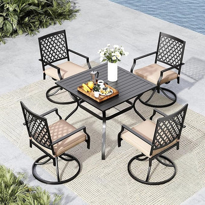MFSTUDIO 5 PCS Metal Outdoor Patio Furniture Dining Set with 4 Metal Swivel Chairs and Square Dining Table with Umbrella Hole, Black
