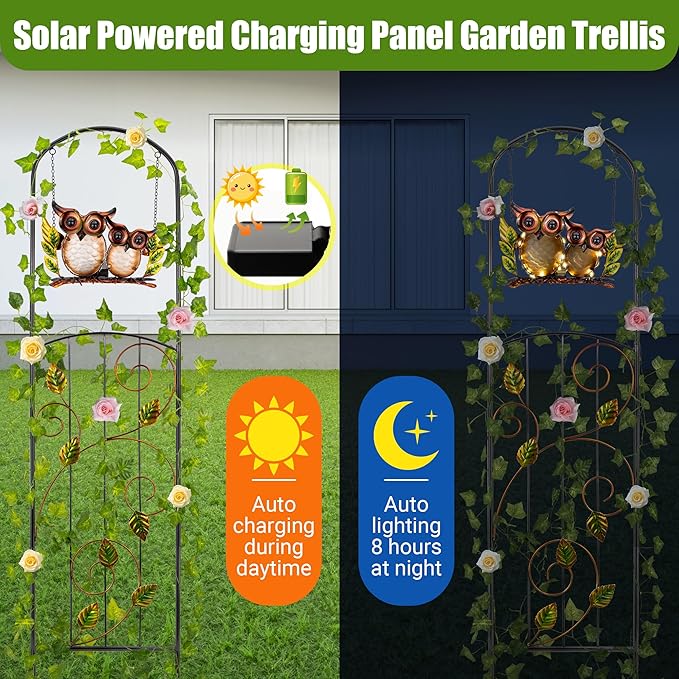 Solar-Powered Trellis for Climbing Plants Outdoor Made of Metal,Voumsil Owl Garden Trellis with Lights for Garden Decor,Court Yard,Balcony