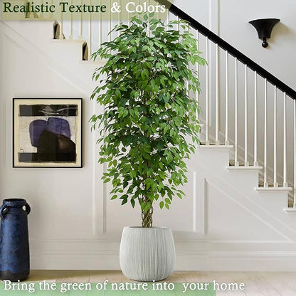 Artificial Ficus Tree：6FT Faux Silk Floor Plant Realistic Tall Fake Ficus Large Potted with Braided Trunk Lush & Green Leaves Pot for Home Office Room Decor Indoor & Outdoor (6FT,1-Pack,White)