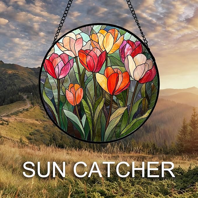 Stained Glass Window Hanging Red and Pink Tulips 6.3" - Plant Suncatcher Door Garden Flower Sun Catcher Home Decor Birthday Christmas for Mom Woman Wife Friend Nana
