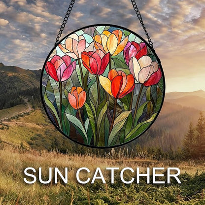 Stained Glass Window Hanging Red and Pink Tulips Large 15" - Plant Suncatcher Door Garden Flower Sun Catcher Home Decor Birthday Christmas for Mom Woman Wife Friend Nana