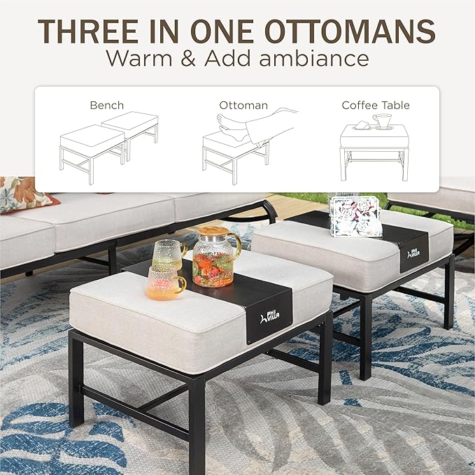 PHI VILLA 6 Piece Patio Furniture Sets with 1x 3-Seat Deep Seating Bench Sofa, 2 C-Base Sofa Chairs, 2 Metal Cushioned Ottoman and & 1 Coffee Table, Deluxe Outdoor Patio Set for 5-7 Person