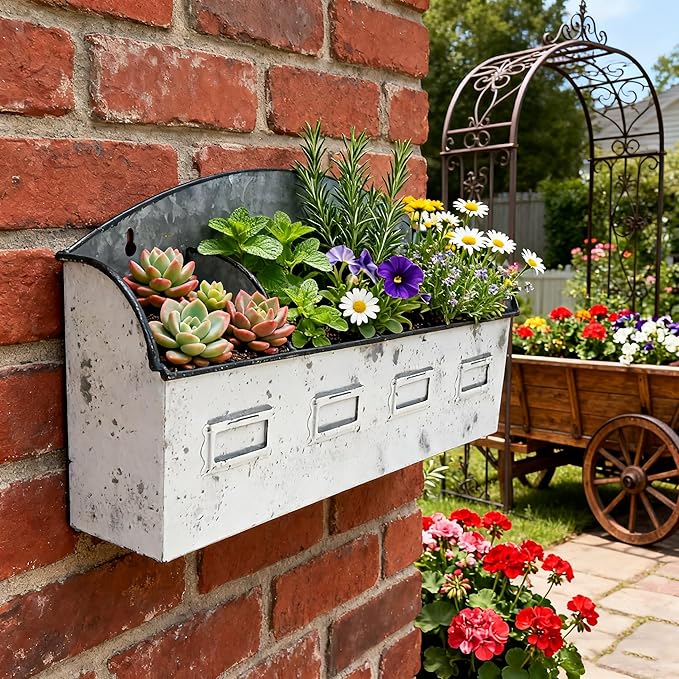 Vintage 4-Compartment Wall-Mounted Galvanized Metal Planter, Distressed White Hanging Flower Pot for Succulents, Herbs, Indoor Outdoor Garden Decor