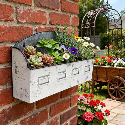 Vintage 4-Compartment Wall-Mounted Galvanized Metal Planter, Distressed White Hanging Flower Pot for Succulents, Herbs, Indoor Outdoor Garden Decor