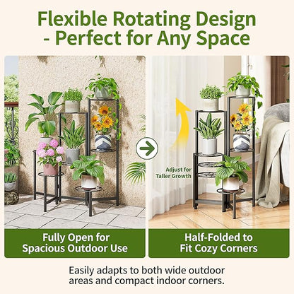 7 Tier Metal Patio Plant Stand Outdoor, Heavy Duty Flower Stands for Indoor Plants, Floding Tall Corner Shelf for Diaplay Racks for Home Decor, Graden, Balcony -BlackDiamond