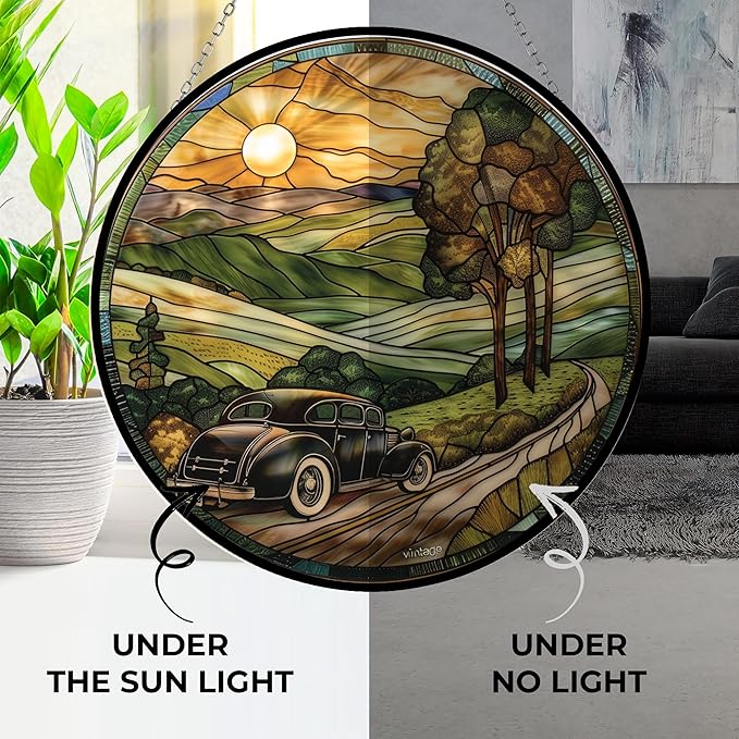 Customized Vintage Car Stained Glass Window Hanging, Stained Glass Suncatcher for Women, Window Decor Perfect Home Décor