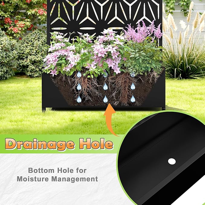 Metal Raised Garden Bed with Trellis, 2-in-1 Planter Box & Privacy Screen for Climbing Plants, Outdoor Standing Flower Bed with Drainage Holes, 35.4" L x 15.7" W x 70.1" H, Black-Star