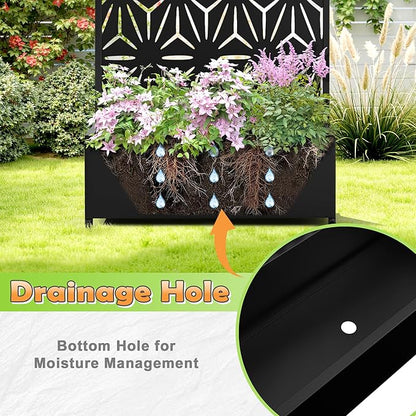 Metal Raised Garden Bed with Trellis, 2-in-1 Planter Box & Privacy Screen for Climbing Plants, Outdoor Standing Flower Bed with Drainage Holes, 35.4" L x 15.7" W x 70.1" H, Black-Star