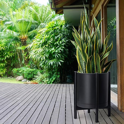 D'vine Dev Planter Pot with Stand - 16 Inch Plastic Cylinder Flower Pot with Wood Planter Holder for Indoor, Matte Black Pot + Ebony Stand, 55-C-Z-2