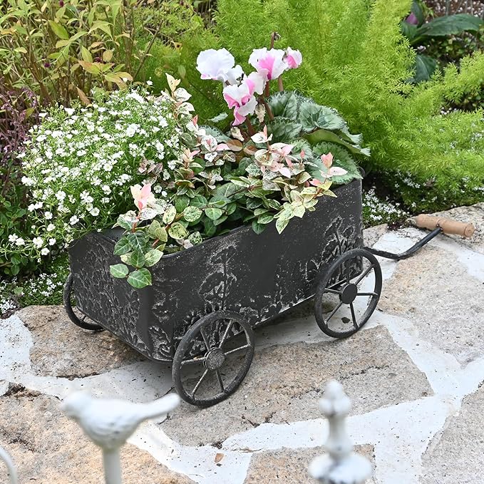 Flower Cart with Wooden Handles, Metal Wagon Planters for Outdoor Plants, Garden Planter with Wagon Wheels, Decorative Wheelbarrow, Plant Cart for Patio Garden Balcony (Black)