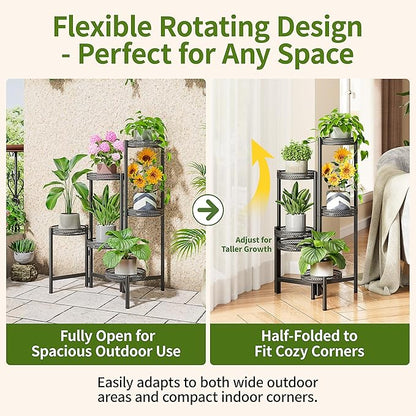 6 Tier Metal Plant Stand Indoor Outdoor, Corner Tall Plant Shelf for Multiple Plants, Foldable Heavy Duty Plant Holder, Decoration Flower Stand for Living Room Balcony Patio Garden- BlackWave
