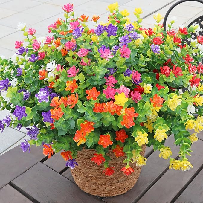 Not-Fading 6 Color Mixing Artificial Flowers, 12 Bundles Realistic Faux Plants for Indoor & Outdoor Décor Weatherproof PE Fake Plants for Porch Patio Garden and Home Decoration