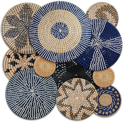 Tatuo 11 Pcs Boho Wall Basket Decor Decorative Bulrush Woven Basket Wall Decor Art Round Farmhouse Hanging Baskets for Kitchen Rustic Home Summer Decorations, Multi Sizes (Blue)