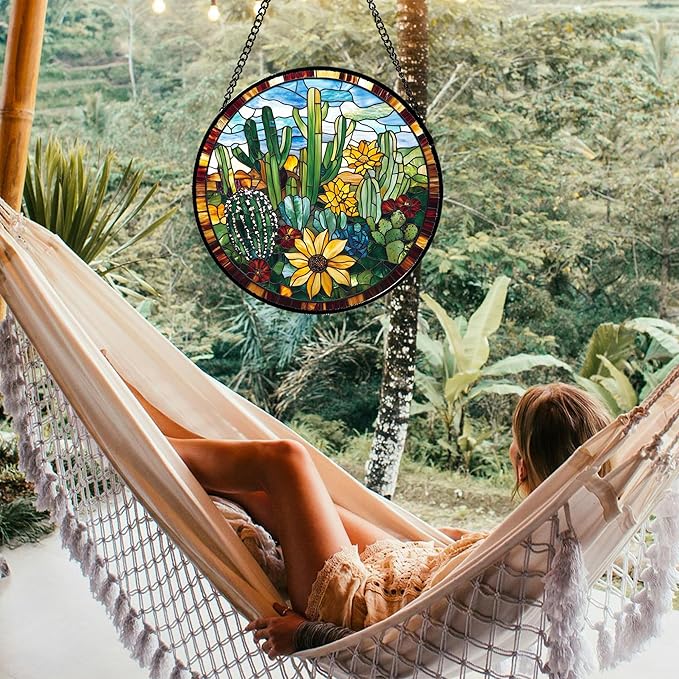 Stained Glass Window Hanging Green Cactus with Yellow Flowers Large 11.8" - Suncatcher Door Garden Sun Catcher Home Decor Birthday Christmas for Mom Men Woman Friend Nana