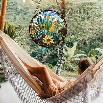 Stained Glass Window Hanging Green Cactus with Yellow Flowers 6.3" - Suncatcher Door Garden Sun Catcher Home Decor Birthday Christmas for Mom Men Woman Friend Nana