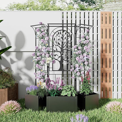Metal Planter Box with Greenhouse Cover, Raised Garden Bed with Trellis Privacy Screen, 62 inch Tall Planter Boxes for Climbing Plants, Flowers, Vegetables, Fruits, Balcony and Patio Decor (Black)