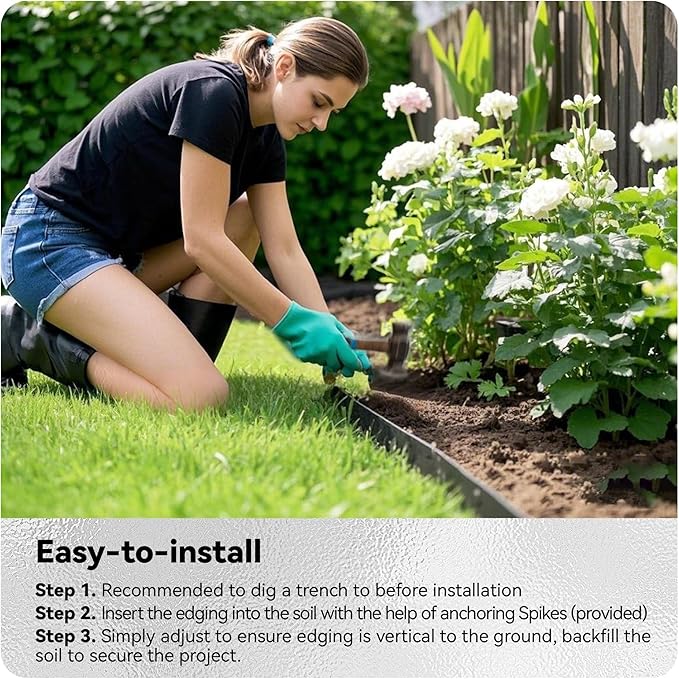 Worth Galvanized Steel Landscape Edging 4.5" x25' Metal Garden Edging Roll Flexible Bender Border with 8Pcs Stakes for Lawn, Flower Bed Edges, Black