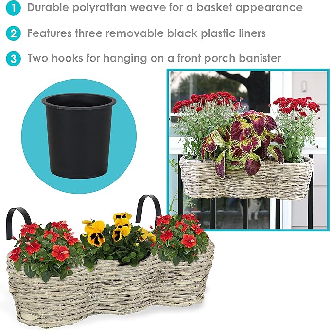 Sunnydaze Indoor/Outdoor Round Polyrattan Over-The-Rail Tri-Planter with 3 Black Liners - Frost