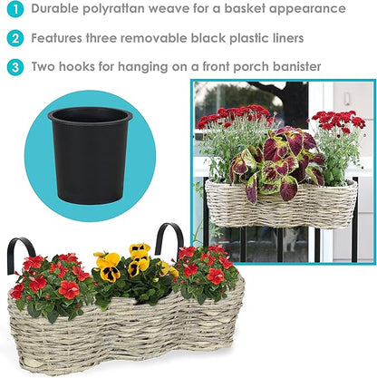 Sunnydaze Indoor/Outdoor Round Polyrattan Over-The-Rail Tri-Planter with 3 Black Liners - Frost