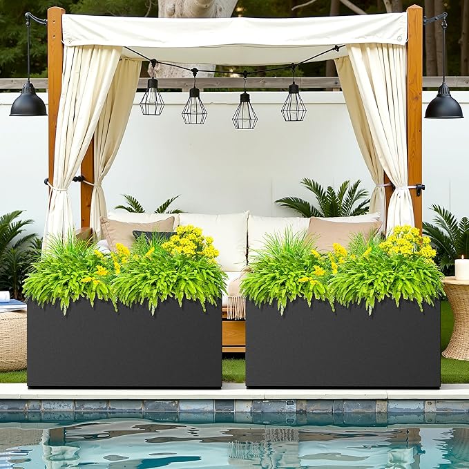 Rectangle Planter for Indoor & Outdoor, Tall and Long Planter Boxes with Drainage Holes, Mental Planter Box All-Weather Use for Plants, Flowers, 32" L x 10" W x 16.3" H, Black