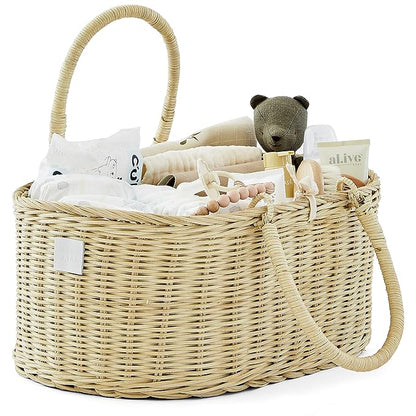 BEBE BASK Premium Baby Diaper Caddy Organizer - Handmade Rattan Basket With Cotton Divider - Award-Winning & Luxury Diaper Caddy Basket - (SAVANNAH)