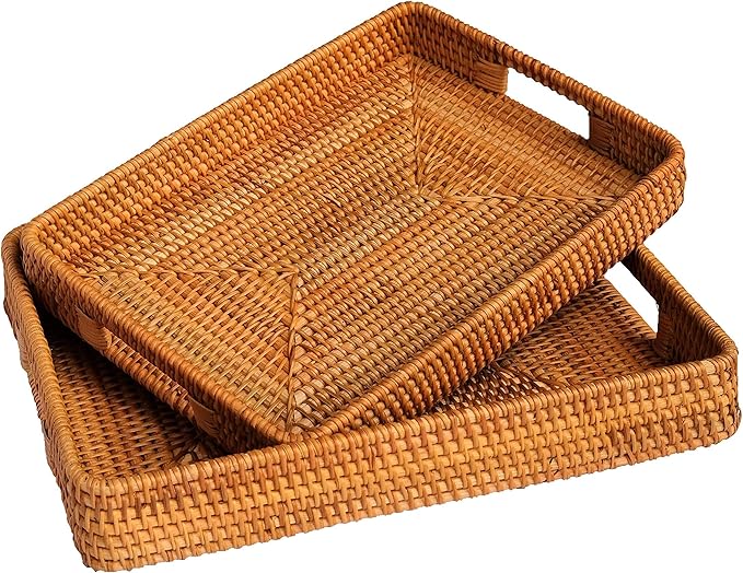 Rectangular Wicker Serving Tray | Set of 2 | Handmade Woven Rattan Storage Basket | Decorative Coffee Tabletop Tray | Boho Flat Bathroom Organizer - (L- 15.4""x2.4"" M- 13.7""x 2"")