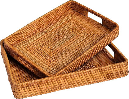 Rectangular Wicker Serving Tray | Set of 2 | Handmade Woven Rattan Storage Basket | Decorative Coffee Tabletop Tray | Boho Flat Bathroom Organizer - (L- 15.4""x2.4"" M- 13.7""x 2"")