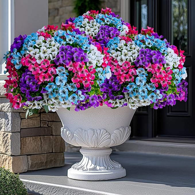 Artificial Pansies Outdoor Fake Plants - 16 Bundles UV Resistant No Fade Faux Shrubs Plastic Greenery Home Garden Porch Patio Decoration (16, Mixed03)