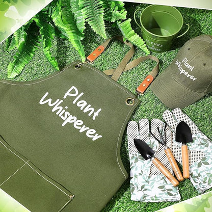 Tarpop Garden Tool Set Christmas Plant Whisperer Gardening Gifts for Women, 7 Pcs Vegetable Planting Tool Kit Cap Canvas Apron Gloves Soil Scoop Transplant Trowel Cultivator Flower Tub(Green)
