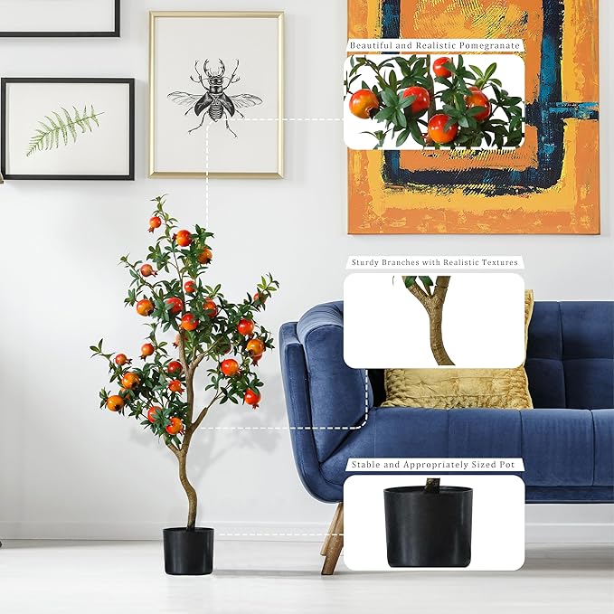 Artificial Pomegranate Tree Indoor, Pre Potted Faux Pomegranate Tree with Realistic Fruit and Lifelike Leaves, for Indoor Home Decor Office Living Room